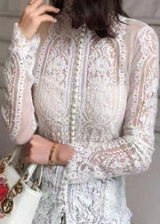 Italian White Stand Collar Nail Bead Lace Shirt Fall