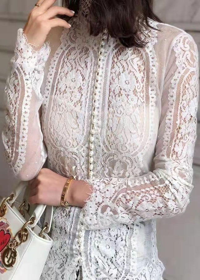 Italian White Stand Collar Nail Bead Lace Shirt Fall