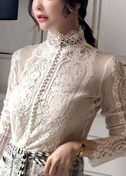 Italian White Stand Collar Nail Bead Lace Shirt Fall
