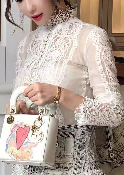 Italian White Stand Collar Nail Bead Lace Shirt Fall