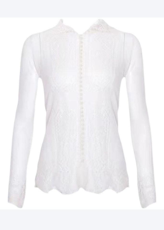 Italian White Stand Collar Nail Bead Lace Shirt Fall