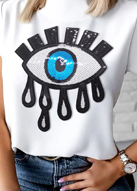 Italian White Stand Collar Sequins Shirts Short Sleeve