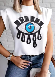Italian White Stand Collar Sequins Shirts Short Sleeve