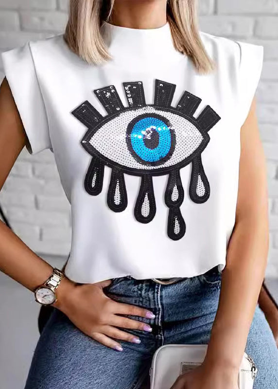 Italian White Stand Collar Sequins Shirts Short Sleeve