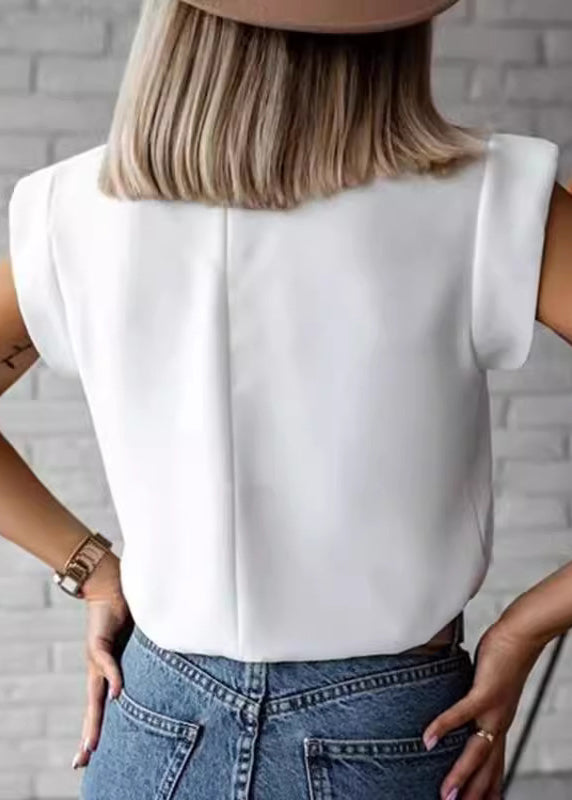 Italian White Stand Collar Sequins Shirts Short Sleeve