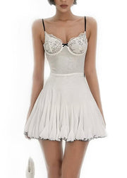 Italian White Stand Collar Tulle Mid Spaghetti Strap Dress Sleeveless