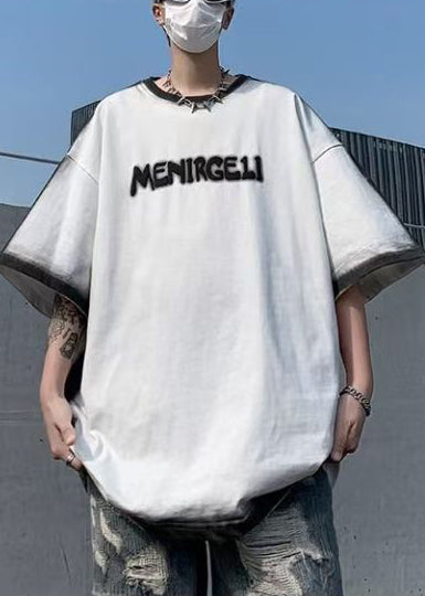 Italian White Tie Dye Letter Jacquard Cotton T Shirts Summer