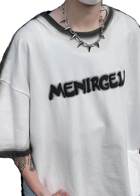 Italian White Tie Dye Letter Jacquard Cotton T Shirts Summer
