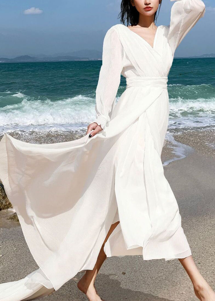 Italian White V Neck Backless Chiffon Robe Dress Spring