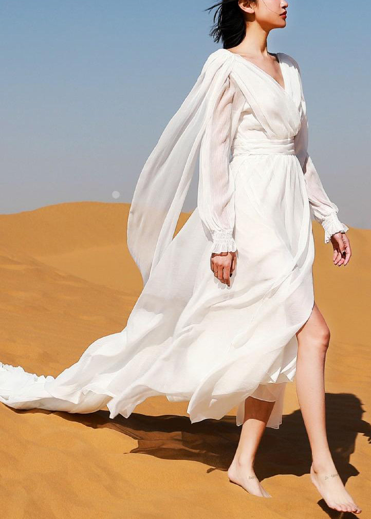 Italian White V Neck Backless Chiffon Robe Dress Spring
