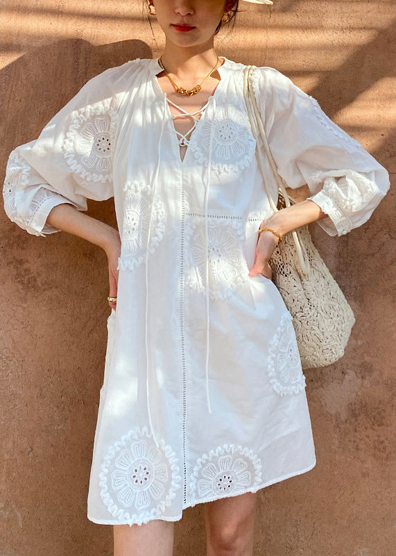Italian White V Neck Embroidery Hollow Out Cotton Mid Dress Half Sleeve