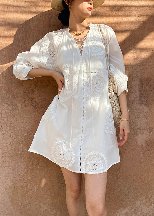 Italian White V Neck Embroidery Hollow Out Cotton Mid Dress Half Sleeve