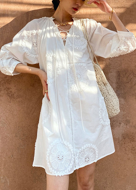 Italian White V Neck Embroidery Hollow Out Cotton Mid Dress Half Sleeve