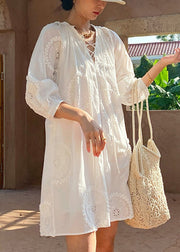 Italian White V Neck Embroidery Hollow Out Cotton Mid Dress Half Sleeve