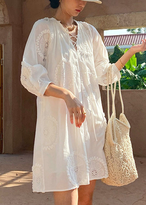 Italian White V Neck Embroidery Hollow Out Cotton Mid Dress Half Sleeve