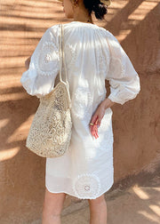 Italian White V Neck Embroidery Hollow Out Cotton Mid Dress Half Sleeve