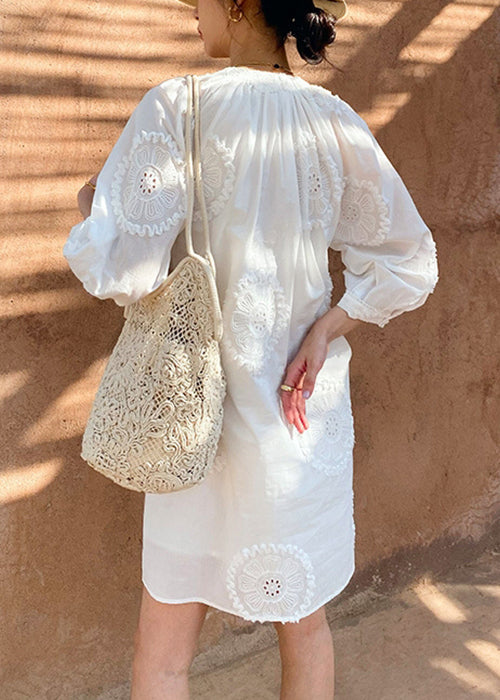 Italian White V Neck Embroidery Hollow Out Cotton Mid Dress Half Sleeve