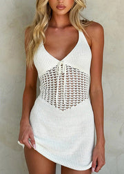 Italian White V Neck Hollow Out Lace Up Knit Dresses Sleeveless