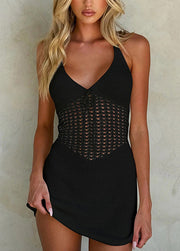 Italian White V Neck Hollow Out Lace Up Knit Dresses Sleeveless
