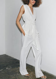 Italian White V Neck Lace Up Waistcoat And Pants Spandex Two Pieces Set Sleeveless