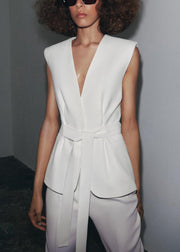 Italian White V Neck Lace Up Waistcoat And Pants Spandex Two Pieces Set Sleeveless
