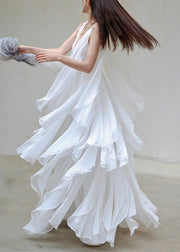 Italian White V Neck Layered Ruffled Silk Long Dresses Sleeveless