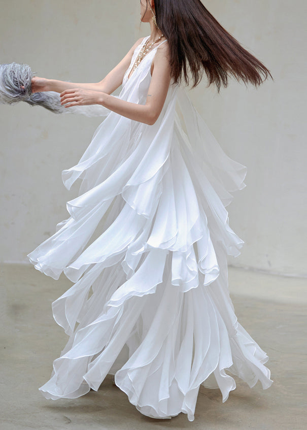 Italian White V Neck Layered Ruffled Silk Long Dresses Sleeveless