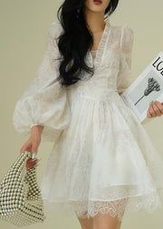 Italian White V Neck Print Lace Patchwork Mid Dress Puff Sleeve