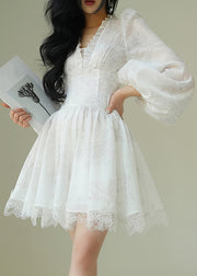 Italian White V Neck Print Lace Patchwork Mid Dress Puff Sleeve