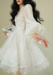 Italian White V Neck Print Lace Patchwork Mid Dress Puff Sleeve
