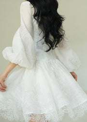 Italian White V Neck Print Lace Patchwork Mid Dress Puff Sleeve