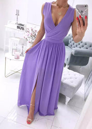 Italian White V Neck Side Open Patchwork Chiffon Dress Sleeveless