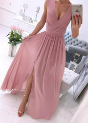 Italian White V Neck Side Open Patchwork Chiffon Dress Sleeveless