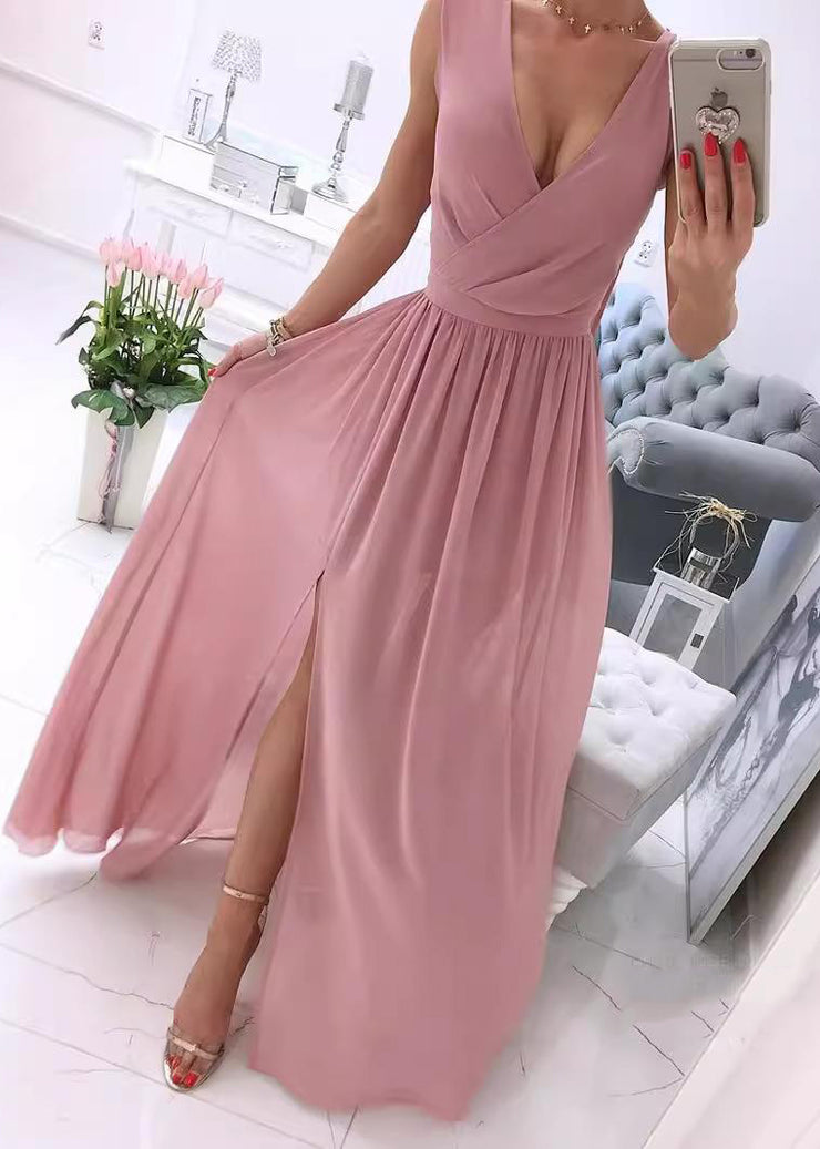 Italian White V Neck Side Open Patchwork Chiffon Dress Sleeveless