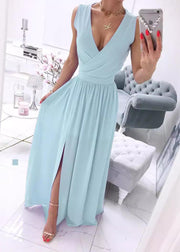 Italian White V Neck Side Open Patchwork Chiffon Dress Sleeveless
