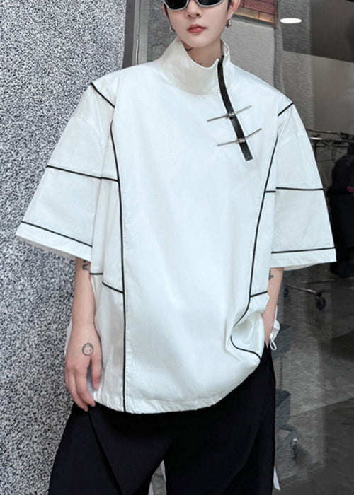 Italian White Zip Up Drawstring Oversized Cotton T Shirt Men Half Sleeve