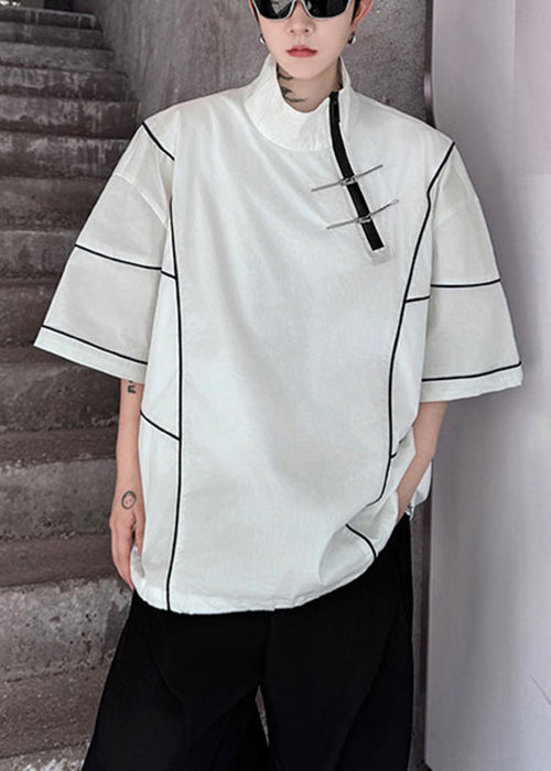 Italian White Zip Up Drawstring Oversized Cotton T Shirt Men Half Sleeve
