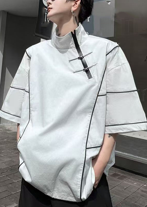 Italian White Zip Up Drawstring Oversized Cotton T Shirt Men Half Sleeve