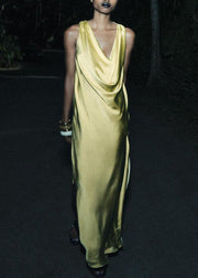 Italian Yellow Backless Side Open Silk Maxi Dress Sleeveless