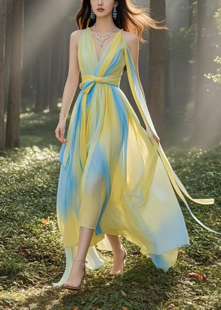 Italian Yellow Cinched Tie Dye Chiffon Cami Dress Summer