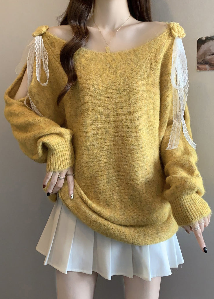 Italian Yellow Hollow Out Lace Patchwork Knit Sweater Fall