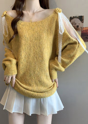 Italian Yellow Hollow Out Lace Patchwork Knit Sweater Fall