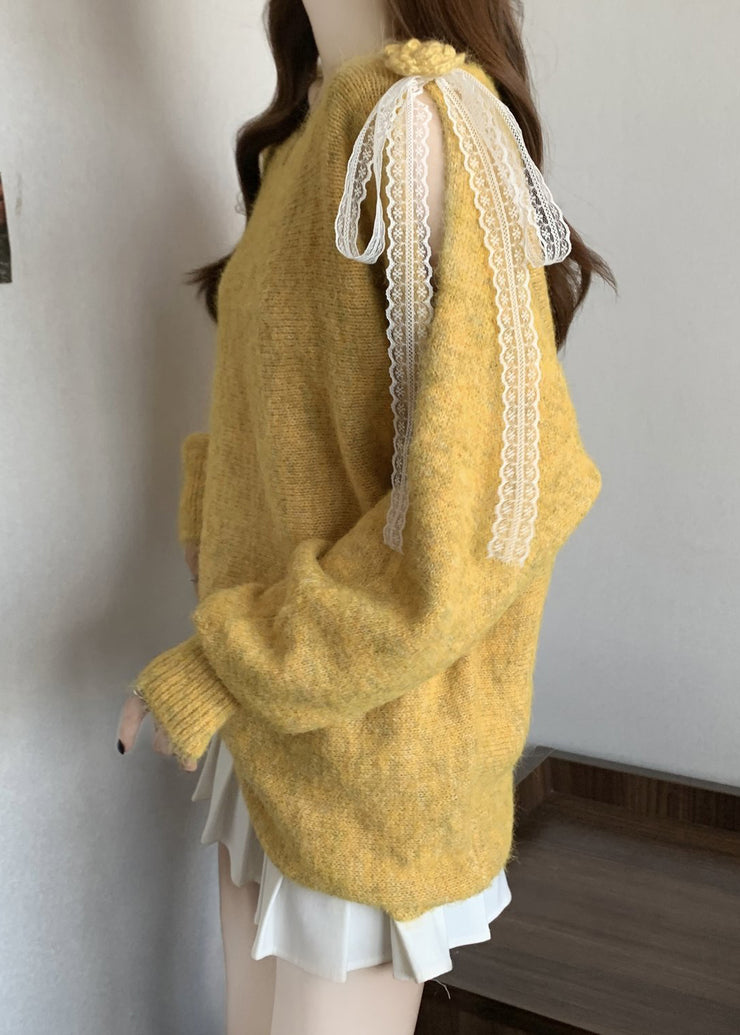 Italian Yellow Hollow Out Lace Patchwork Knit Sweater Fall