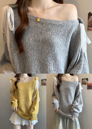 Italian Yellow Hollow Out Lace Patchwork Knit Sweater Fall