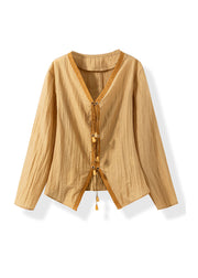 Italian Yellow V Neck Lace Up Cotton Shirt Fall