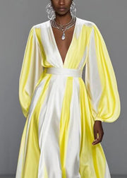 Italian Yellow V Neck Patchwork Silk Cinched Dress Spring