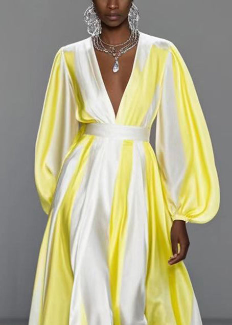 Italian Yellow V Neck Patchwork Silk Cinched Dress Spring