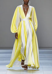 Italian Yellow V Neck Patchwork Silk Cinched Dress Spring