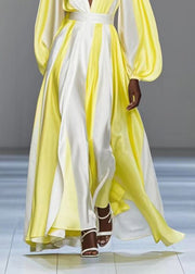 Italian Yellow V Neck Patchwork Silk Cinched Dress Spring