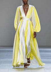 Italian Yellow V Neck Patchwork Silk Cinched Dress Spring